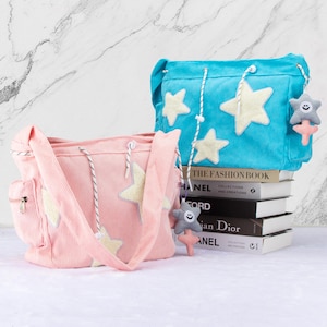 Gestickte Cord Sterne tägliche Umhängetasche, personalisierte Schultasche, Schultertasche mit Namen, Handtasche mit großer Kapazität, Schwestertasche