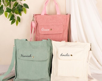 Bolso de hombro de pana bordado: mochila escolar personalizada con nombre, bolso multibolsillos, bolso grande para uso diario, regalo para mamá o amiga, regalo de Navidad.