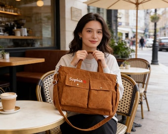 Bolso de hombro diario de pana personalizado con múltiples bolsillos, mochila escolar bordada, bolso de hombro con nombre, bolso de mano de gran capacidad, bolso para hermanas.