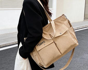 Bolso de hombro de pana bordado: mochila escolar personalizada con nombre, bolso multibolsillos, bolso grande para uso diario, regalo para mamá o amiga, regalo de Navidad.