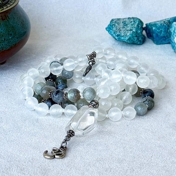 Selenite, Labradorite, Clear Quartz Mala Neckace – Spiritual Clarity & Intuition - 108 Bead (8 mm)