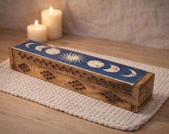 Quemador de incienso de madera (recogedor de cenizas) – Para varillas y conos, tallado a mano – Sol y Luna