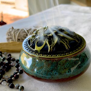 Blue Incense Cone Burner Bowl – 3" Ceramic with Brass Lid for Meditation and Ritual Use
