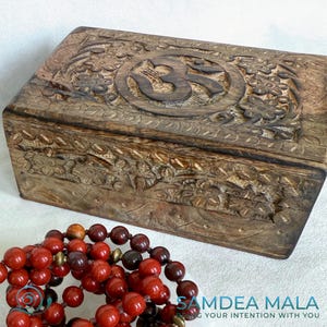 Carved Wooden Mala Box – Jewelry and Keepsake Storage for Sacred Objects