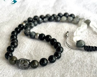 Bracciale mezzo mala e tre giri in ossidiana, labradorite e selenite