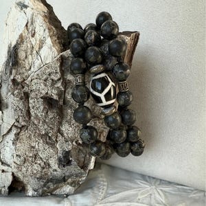Half Mala and Wrap Bracelet in Natural Plum Blossom Jade with Tibetan Dzi –Handmade Mala Necklace for Emotional Harmony & Protection
