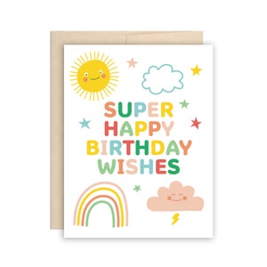 Super alles Gute zum Geburtstag wünscht Geburtstagskarte - niedlicher Regenbogen, Sonne, Wolkenkarte, Kindergeburtstag, Kindergeburtstag, Retro Geburtstag