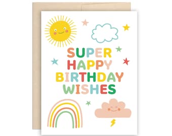 Super Happy Birthday Wishes Birthday Card - Cute Rainbow, Sun, Cloud Card, Kid Birthday, Child Birthday, Retro Birthday