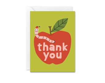 Thank You Teacher Apple Worm Cute Mini Card - Gift Enclosure Card, Funny Wormy Apple Card, Cute Thanks Card, Thank You Card