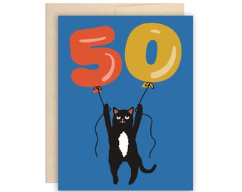 50th Birthday Card, Cute Cat & Balloons Birthday Card, Funny 50th Birthday Greeting Card