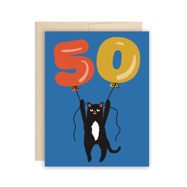 50. Geburtstagskarte, Katze & Luftballons Geburtstagskarte, Lustige Grußkarte zum 50. Geburtstag