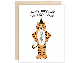 Happy Birthday Sexy Beast Greeting Card - Party Animal Tiger Card, Funny Birthday Card, Nip Slip Birthday Card