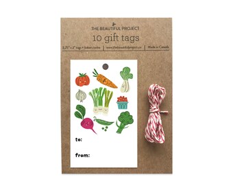 Happy Market Vegetables Gift Tag Set of 10 with Twine - Farmer's Market Veggie Birthday, Celebration, Cute Gift