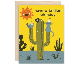 Brilliant Happy Birthday Cactus Card, Cute Desert Birthday Greetings, Sunny Hot Birthday Wishes, Kid's Birthday Card, Cute Saguaro Cactus