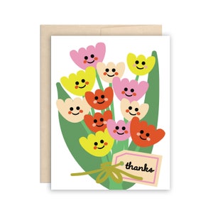 Jolie carte de voeux bouquet de tulipes, carte de bouquet de tulipes visage heureux merci, carte de remerciement florale, carte gaie