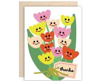 Cute Tulip Bouquet Greeting Card, Thank You Happy Face Tulip Bouquet Card, Floral Thanks Card, Cheerful Card