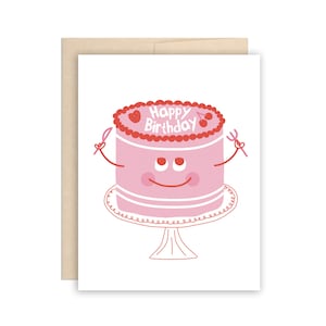 Carte rose de gâteau de joyeux anniversaire - voeux d'anniversaire mignons - le gâteau se mange tout seul - gâteau avec un couteau et une fourchette - carte d'anniversaire drôle
