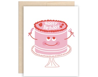 Pink Happy Birthday Cake Card - Cute Birthday Greetings - Cake Will Eat Itself - Cake with Knife and Fork - Funny Birthday Card