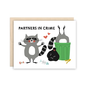 Carte de ratons laveurs partenaires mignons dans le crime, jolie carte d'anniversaire, carte relation amoureuse, carte de la Saint-Valentin, pandas poubelles, carte relation drôle