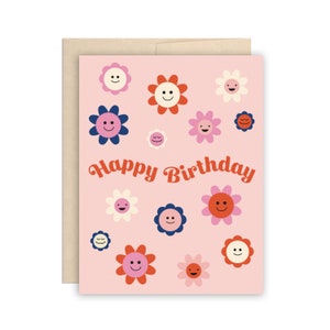 Pop Retro Birthday Card, Pink Happy Birthday Card, Cute Happy Daisy Birthday Card, Groovy Birthday Card