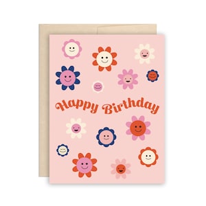Carte d'anniversaire rétro pop, carte de joyeux anniversaire rose, jolie carte d'anniversaire joyeux anniversaire marguerite, carte d'anniversaire groovy