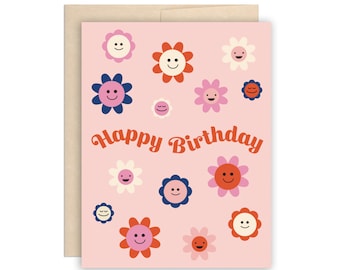 Pop Retro Birthday Card, Pink Happy Birthday Card, Cute Happy Daisy Birthday Card, Groovy Birthday Card