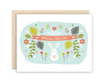 Cute Welcome New Baby Card, Welcome Little One Greeting Card, Baby Bunny Rabbit Card, Floral Garden, Baby Shower Card, Birth Announcement