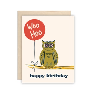 SALE Birthday Owl Card, Cute Woo Hoo Owl Happy Birthday Card, Wise Owl Birthday, Red Balloon Birthday Greeting Card