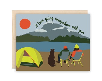 Camping Couple with Dog, Cute Anniversary Card, Dating Relationship Card, Nature Lovers, Valentine Card, Wilderness Love Card