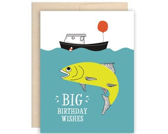 Big Fish Birthday Card - Funny Fishing Boat Birthday Card, Happy Birthday Card, Big Birthday Wishes, Nautical Birthday Card