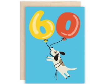 60th Birthday Card, Cute Dog & Balloons Birthday Card, Funny 60th Birthday Greeting Card