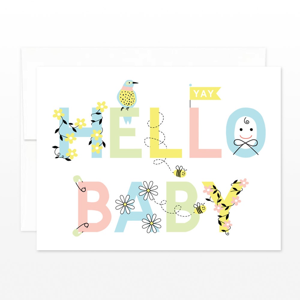 Cute New Baby Card Hello Baby Greeting Card Baby Shower Etsy