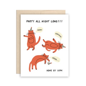 Carte d'anniversaire drôle de chat, carte d'anniversaire de partie toute la nuit, carte d'anniversaire pour le meilleur ami, carte de meilleure amie, carte de joyeux anniversaire de chat, carte pour elle