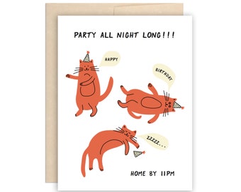 Funny Cat Birthday Card, Party All Night Long Birthday Card, Birthday Card for Best Friend, BFF Card, Happy Birthday Cat Card, Card for Her