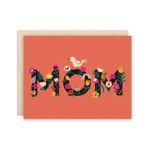 Carte florale de fête des mères d'oiseau, carte de voeux de maman de fleurs, carte de joyeux anniversaire de maman, carte de maman moderne de jardin de tous les jours