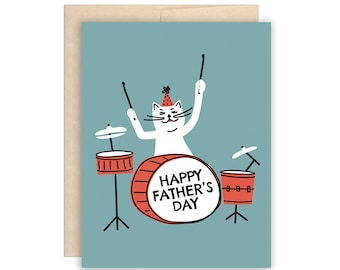 Cool Cat Dad Drummer Father's Day Card, Happy Father's Day Greeting Card, Music Lover Dad Card, Drums Dad