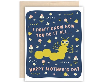 Adorable Caterpillar Mom Mother's Day Card, Doing it All Mom Card, Busy Strong Mom Card, Funny Mom Card, Cute Centipede Mom Greeting Card