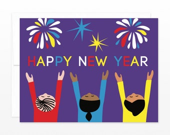 SALE! Happy New Year Card, Fireworks New Years Eve Holiday Greeting Card, Multicultural Holiday Card, Card for Family, Card for Coworkers