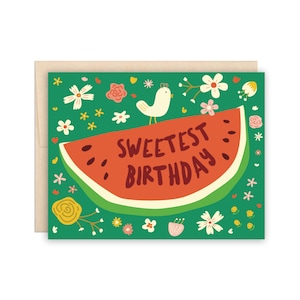 Tarjeta de felicitación de cumpleaños con sandía más dulce: tarjeta de cumpleaños de arte popular mexicano, linda tarjeta de cumpleaños, tarjeta de cumpleaños de verano