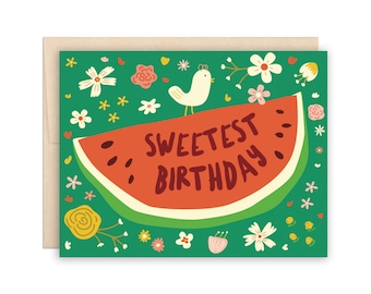 Sweetest Birthday Watermelon Greeting Card - Mexican Folk Art Birthday Card, Cute Birthday Card, Summer Birthday Card