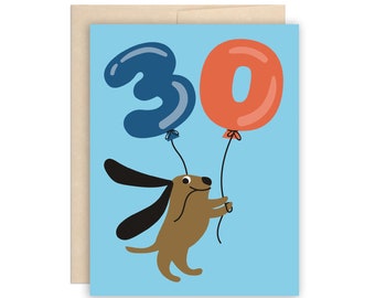 30th Birthday Card, Cute Dog & Balloons Birthday Card, Funny 30th Birthday Greeting Card