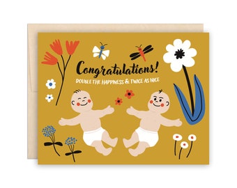 Cute Twins New Baby Card, Double The Happiness & Twice As Nice New Baby Arrival Card, Baby Shower Card, Baby Dolls, Florals, Gender Neutral
