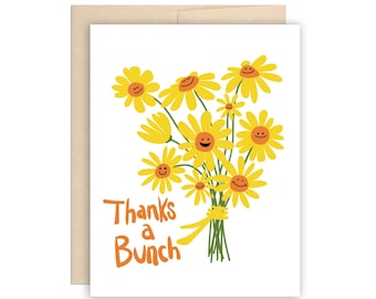 Happy Daisy Thanks A Bunch Greeting Card, Thank You Yellow Bouquet Card, Smiley Face Thanks Card, Floral Cheerful Card, Bunch of Daisies