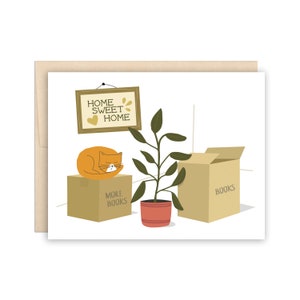 Carte pour maison neuve Home Sweet Home, chat, livres, carte de déménagement de plantes, carte d'appartement neuf, carte de pendaison de crémaillère