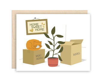 Home Sweet Home New Home Card, Cat, Books, Plants Moving Card, New Apartment Card, Housewarming Card