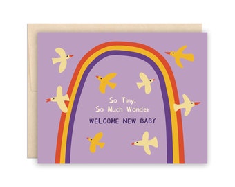 Cute Rainbow New Baby Card, Tiny Wonder Birds Greeting Card, Congratulations, Sweet New Baby Card, New Parents Card, Birth Announcement Card