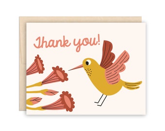 SALE Hummingbird Thank You Card, Cute Bird Thanks Greeting Card
