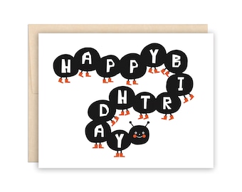 Funny Birthday Bug Card, Cute Centipede Birthday Greeting Card, Caterpillar Wearing Boots Birthday Card