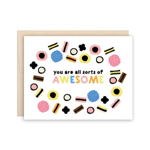 Biglietto di auguri per l'anniversario di Allsorts Pun, biglietto di auguri per l'amicizia con le caramelle, biglietto di auguri per la festa della mamma, biglietto di auguri per la festa del papà, biglietto di auguri per San Valentino