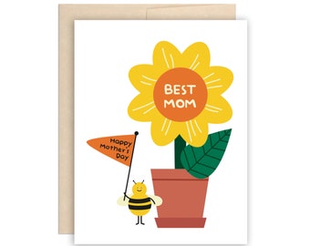 Cute Mother's Day Card Best Mom Greeting Card Funny Happy Mother's Day Card Best Mum Card Cute Bee & Flower Mom Card Mother's Day Gift Card